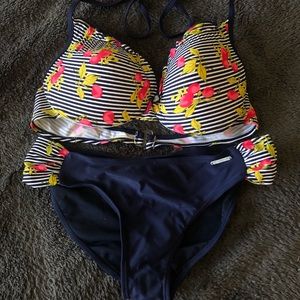 U.S. Polo Assn. Cherry/Navy + White Pinstripe Ruffly Top Bikini